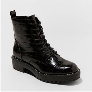 A New Day Caldwell Croc Print Lace Up Combat Boots